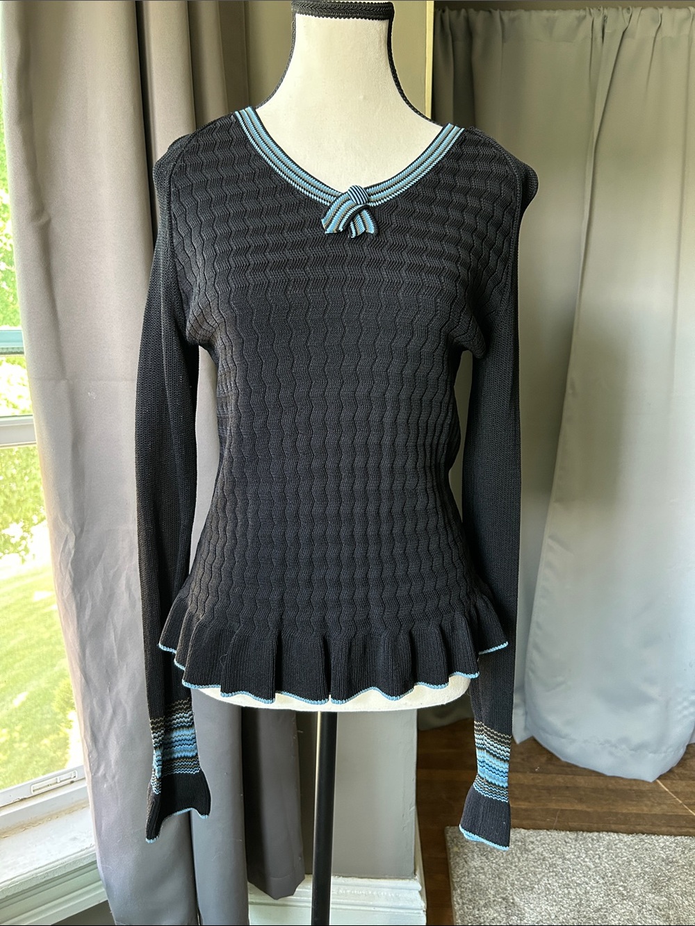 Black Knit Long-Sleeve Peplum Sweater with Blue Trim